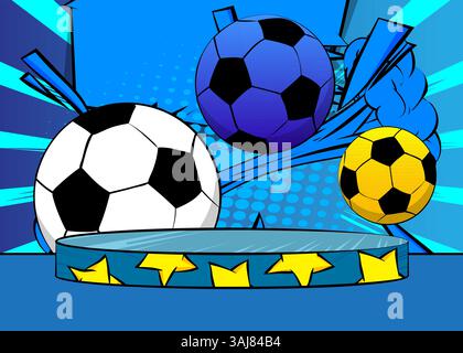 Comic Book Product podio per la presentazione del mockup con pallone da calcio. Sfondo fumetti retrò. Illustrazione Vettoriale