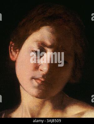 Il *David con la testa di Golia* di Caravaggio (1605) raffigura la scena biblica di Davide che regge la testa recisa di Golia, una potente immagine di trionfo giovanile e di intervento divino. L'opera è nella Galleria Borghese. Foto Stock