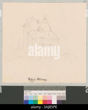 Questa illustrazione del 1859 di Johann Rudolf Rahn mostra una vista esterna dello Schloss Wildegg a Möriken-Wildegg. Foto Stock