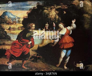 Questo dipinto ad olio di benvenuto Tisi (il Garofalo) raffigura la storia mitologica di Giove e io. Creato tra il 1520 e il 1523, è ospitato nel Museo Nazionale di Pozna, che espone l'arte rinascimentale italiana. Foto Stock