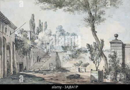 Questa opera d'arte del XVIII secolo di Louis-Gabriel Moreau, intitolata "figure in un cortile", raffigura una tranquilla scena nel cortile. Il dipinto cattura l'interazione tra le figure all'interno di uno spazio sereno e chiuso, mostrando l'abilità di Moreau nel ritrarre la vita sociale. Foto Stock