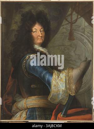 Attribuito a Philippe Vignon, questo ritratto del 1680-1700 di Luigi XIV lo mostra in abito regale davanti al "Sole di Rodi", simboleggiando il suo potere e la sua influenza in Francia. Foto Stock