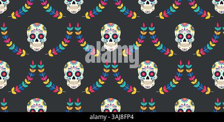 Motivo continuo di teschi messicani con rami colorati. Illustrazione Vettoriale