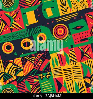 Motivo polinesiano africano senza cuciture in rosso, giallo e verde con vista dall'alto abstratta di alberi boschivi e terreni rurali. Ornati per la stampa, Illustrazione Vettoriale