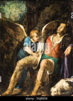 Dipinto tedesco del XVII secolo di San Rochus con un angelo, creato nei primi anni '1600 L'opera è un esempio di pittura ad olio religiosa sul rame. Foto Stock