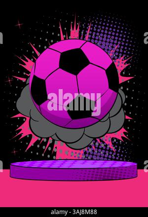 Comic Book Product podio per la presentazione del mockup con pallone da calcio. Sfondo fumetti retrò. Illustrazione Vettoriale