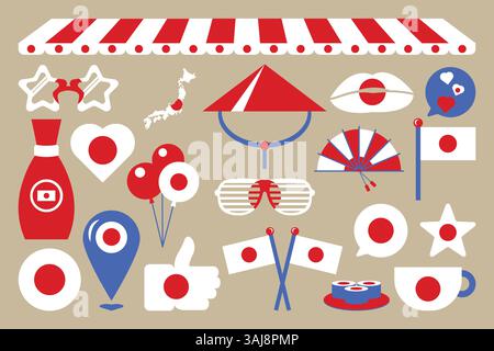 Set di elementi festivi, attributi della bandiera giapponese del giorno dell'indipendenza. Palloncini, bicchieri da bibita, sake, bandiera del Giappone, copricapo casa, occhiali da sole grid. Carto Illustrazione Vettoriale