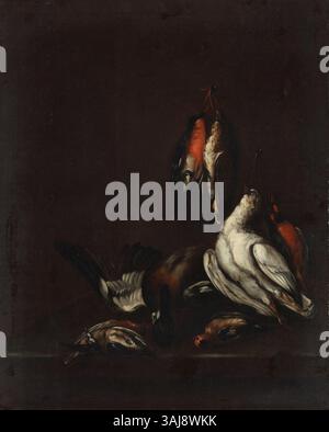 Questo dipinto a olio su tela della fine del XVIII secolo fa parte di una serie che raffigura uccelli morti in composizioni di natura morta. Si concentra sulla cattura dell'aspetto naturale degli uccelli e dei dettagli realistici. Foto Stock