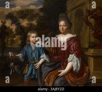 Questo dipinto della fine del XVII secolo di Krzysztof Lubieniecki raffigura una donna e suo figlio in piedi davanti a un monumento in pietra in un paesaggio, mostrando lo stile di ritrattistica dell'artista. Foto Stock