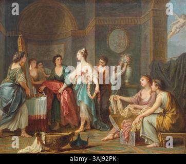 Il dipinto "la toilette" di Adèle Romany, datato tra la fine del XVIII secolo e l'inizio del XIX secolo, mostra una donna centrale che si prepara per un matrimonio, con Cupido visibile in lontananza attraverso una finestra. Il pezzo non è firmato ed è stato presentato alla galleria Frost and Reed con un numero di inventario. Foto Stock