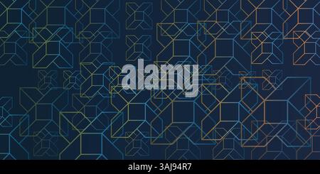 Un modello geometrico astratto di blocchi rettangolari 3D offset di varie dimensioni, sovrapposti e intrecciati con linee gialle e blu su un retro blu scuro Illustrazione Vettoriale