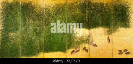 Questo dipinto del periodo Edo byobu (schermo pieghevole) raffigura la quaglia nell'erba autunnale, creata da un artista sconosciuto del periodo Edo (prima del 1868). Fa parte della collezione presso il Museo della città di Nagoya in Giappone, evidenziando l'attenzione del periodo ai dettagli nella rappresentazione della natura. Foto Stock
