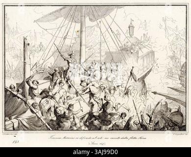 Nel 1647 Tommaso Morosini si difese contro la flotta turca usando solo la propria nave, sottolineando la sua leadership e la sua strategia navale durante il conflitto. Foto Stock