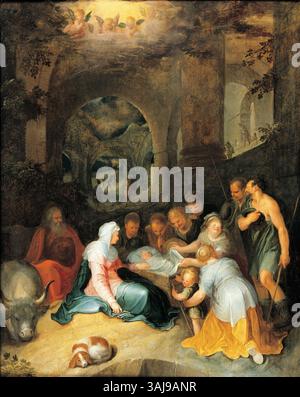 Questo dipinto di Karel van Mander, completato nel 1598, raffigura la scena biblica dell'Adorazione dei Pastori. È un notevole esempio di arte religiosa rinascimentale olandese. Foto Stock