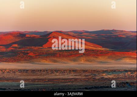 Le dune di sabbia rossa e il deserto del Namib all'alba, Namibia, Namib Naukluft National Park Foto Stock