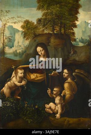 Un dipinto ispirato alla "Madonna delle rocce" di Leonardo da Vinci, creato tra il 1508 e il 1600 circa. L'opera d'arte religiosa presenta la Vergine Maria con il bambino, Giovanni Battista e un angelo, circondata da un paesaggio roccioso. Foto Stock