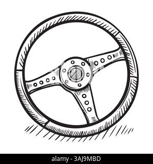 Primo piano del volante di un'auto con un disegno in bianco e nero Illustrazione Vettoriale