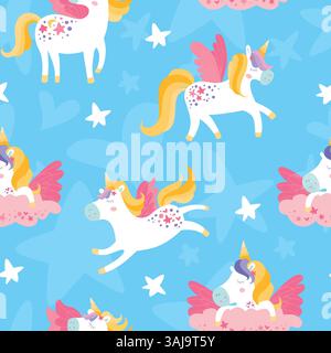 Il magico motivo unicorno dei bambini. Graziose fiabe ornamenti disegnati a mano con unicorni, cuori, stelle. Tessuto vettoriale per biancheria da letto per bambini, con Illustrazione Vettoriale