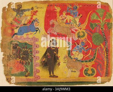 Questo dipinto del 1540 della Bhagavata Purana raffigura la battaglia tra Krishna e il demone Sahastrabhahu. La composizione dinamica cattura l'eroica lotta, un momento chiave dell'epica, che mette in mostra i poteri e il valore divini di Krishna. L'opera riflette lo stile del periodo e il significato religioso della narrazione. Foto Stock