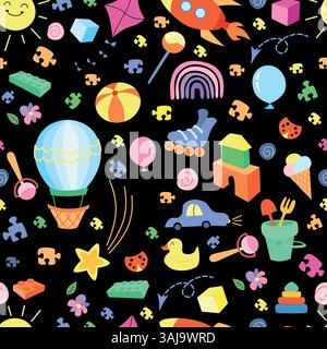 Modello di giocattoli per bambini felici. Ornamento senza cuciture con giocattoli allegri colorati. Illustrazione Vector disegnata a mano per bambini. Ottimo per Fabric, tessile, gi Illustrazione Vettoriale