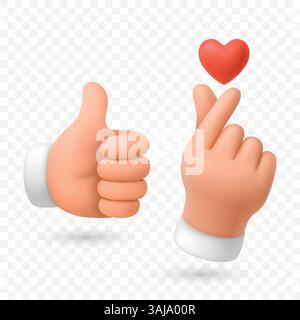 Grafica 3D realistica Vector Thumbs Up, movimenti coreani del cuore delle dita. Come Symbol, Cartoon Hands Closeup isolato. Modello di progettazione per i social media, Love Illustrazione Vettoriale