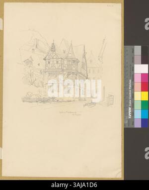 Questo dipinto del 1863 di Johann Rudolf Rahn raffigura la "alte Haus", una casa medievale in legno costruita nel 1389 a Bacharach, Germania. L'opera d'arte mette in risalto la tradizionale architettura tedesca del periodo. Foto Stock