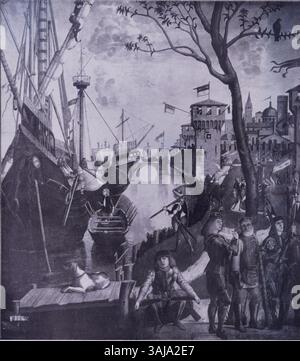 Il dipinto del 1490 di Vittore Carpaccio "arrivo dei pellegrini a Colonia" raffigura la leggendaria Sant'Orsola e i suoi pellegrini in una tempera dettagliata su tela. L'opera fa parte della collezione gallerie dell'Accademia, che espone temi religiosi del Rinascimento. Foto Stock