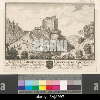 Un'incisione in rame del 1762 del castello di Gilgenberg nel Canton Soletta, che mostra il suo design architettonico e il paesaggio circostante dalla vista meridionale come parte di una serie topografica di David Herrliberger. Foto Stock