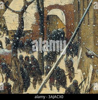 Il dipinto del 1563 di Pieter Bruegel il Vecchio "l'Adorazione dei Magi nella neve", raffigurante la storia della natività in un paesaggio ventoso. Le opere d'arte fondono temi religiosi con immagini invernali. Foto Stock