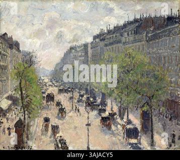 Il dipinto del 1897 di Camille Pissarro "Boulevard Montmartre, Spring" cattura una vivace scena parigina con un focus sulla vita primaverile lungo il famoso viale. L'olio su tela esemplifica lo stile impressionista di Pissarro, mettendo in evidenza luce, movimento e vita urbana. Foto Stock