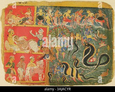 Questo dipinto del 1540 raffigura la scena mitologica in cui Krishna sottomise il re serpente Kaliya, preso dalla Bhagavata Purana. Fa parte di un album al Arthur M. Sackler Museum. Foto Stock