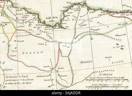 La mappa di Rigobert Bonne del 1771 illustra la costa del Maghreb o Barbary, che comprende l'attuale Tunisia, Libia, Algeria e Marocco. La mappa fornisce caratteristiche geografiche dettagliate, come montagne, fiumi, città e regioni tribali, rappresenta l'Africa nordoccidentale e il Mediterraneo occidentale. Foto Stock