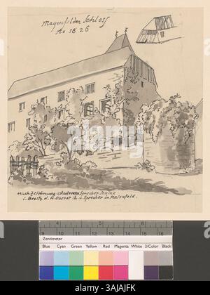 Questa immagine mostra una vista esterna del castello di Brandis a Maienfeld, in Svizzera, insieme a una descrizione dettagliata della sua struttura del tetto. Il disegno, creato tra il 1860 e il 1910, cattura le caratteristiche architettoniche del castello del periodo 1826. Foto Stock