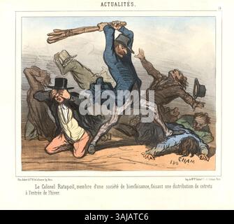 Litografia di Cham, che illustra il colonnello Ratapoil, membro di una società caritatevole, distribuisce cappotti man mano che l'inverno si avvicina. Pubblicato su le Charivari, 16 ottobre 1850. Foto Stock