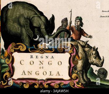 Questo cartiglio figurativo, parte della mappa del 1662 di Joan Blaeu del Congo e dell'Angola nel suo Atlas Maior, si basa sulle informazioni raccolte dall'esploratore olandese Jan van Herden. Foto Stock
