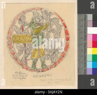 La didascalia mostra un medaglione dalle vetrate del transetto meridionale della Cattedrale di Notre-Dame a Losanna, risalente al XIII secolo, raffigurante il mese di marzo. Foto Stock