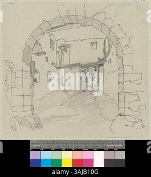 Questa immagine mostra la vista a ovest della porta di casa del castello di Tarasp a Tarasp, catturata da Johann Rudolf Rahn tra il 1890 e il 1910. La fotografia cattura l'ingresso del castello e le fortificazioni. Foto Stock