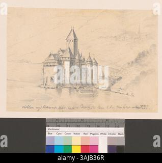 Questa immagine presenta una vista esterna del castello di Chillon a Veytaux, in Svizzera, basata su un disegno di Albrecht Kauw del 1669, successivamente copiato da Johann Rudolf Rahn tra il 1860 e il 1910. Foto Stock