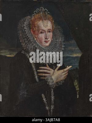 Questo ritratto ad olio del XVII secolo raffigura una nobile signora, dipinta in uno stile raffinato tipico della tradizione fiamminga. L'identità della sitter rimane sconosciuta, ma l'abbigliamento elegante e la posa suggeriscono una donna di alto rango sociale. Foto Stock