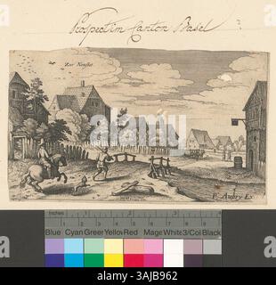 Un'incisione tra il 1619 e il 1621 di Matthäus Merian che mostra l'area di Newstat vicino a Basilea. La stampa appartiene alla serie Landschäflein vom Oberrhein, raffigurante paesaggi regionali dall'alto Reno. Foto Stock
