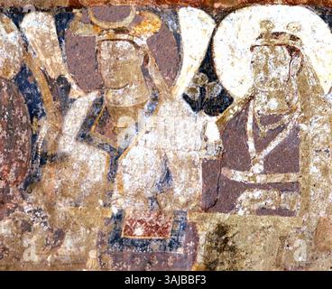Si tratta di un'immagine ritoccata digitalmente del soffitto del Buddha di 38 metri a Bamiyan, raffigurante sponsor reali del periodo Eftalita, datato al vi secolo. La grafica è stata migliorata per maggiore chiarezza e dettagli. Foto Stock