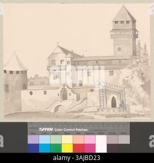 L'immagine raffigura probabilmente una vista esterna ricostruita del castello di Salenegg a Maienfeld, in Svizzera. La raffigurazione mostra l'architettura storica del castello, offrendo uno sguardo al passato con caratteristiche dettagliate. Foto Stock