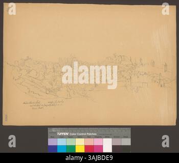 Questo disegno del 1863 di Johann Rudolf Rahn mostra una vista della città di Bad Münstereifel, in Germania, evidenziandone la struttura architettonica e le caratteristiche urbane. Foto Stock