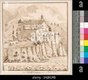 Questa raffigurazione mostra una vista esterna del castello di Rhäzüns, un castello di Rhäzüns, in Svizzera, che riflette il suo significato storico e l'architettura. Foto Stock