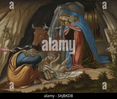 La "Natività mistica" di Sandro Botticelli (1500) è una rappresentazione dettagliata della nascita di Cristo, con Maria che tiene il bambino di Cristo. Il dipinto ad olio religioso è noto per i suoi intricati dettagli e figure angeliche, ospitato nella Galleria Nazionale, che riflettono la maestria del Botticelli nell'arte religiosa rinascimentale. Foto Stock