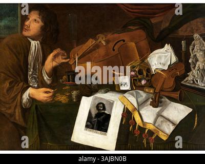 Attribuita a Jacques de Claeuw, questa natura morta Vanitas include strumenti musicali, un'incisione ritratto di "Petrus de Iode" e un uomo che pesa monete, simboleggiando la natura fugace della vita. Foto Stock
