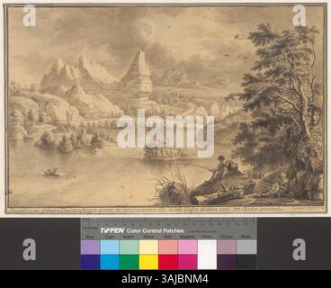 Questo disegno del XVIII secolo raffigura la regione montuosa intorno al lago Lauerzer nel cantone di Svitto, che mostra le vette di Mythen e Haggenspitz. Il disegno, creato con inchiostro e un lavaggio grigio, offre una vista dettagliata delle Alpi svizzere. Foto Stock