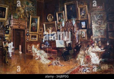 Il dipinto di Theodor Aman del suo studio mostra lo spazio in cui l'artista ha lavorato. Dipinto nel suo studio, riflette sia il suo ambiente creativo che la sua maestria artistica. Foto Stock