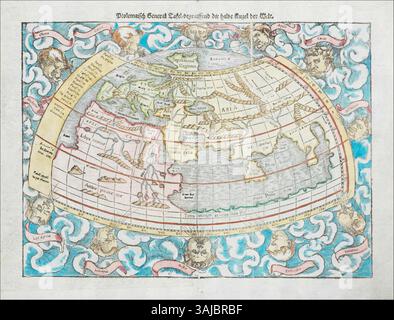La mappa tolemaica del 1550 di Sebastian Munster segue il sistema tolemaico, mostrando il mondo conosciuto con le sue divisioni geografiche in Asia, Africa ed Europa. Foto Stock