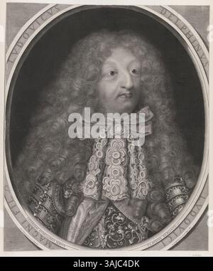 Questa incisione di Antoine Masson, creata nel 1680, raffigura Luigi, le Grand Dauphin, figlio del re Luigi XIV di Francia. L'incisione è intitolata "LVDOVICVS DELPHINVS LVDOVICI MAGNI fil" e mostra la figura reale con dettagli intricati. Foto Stock